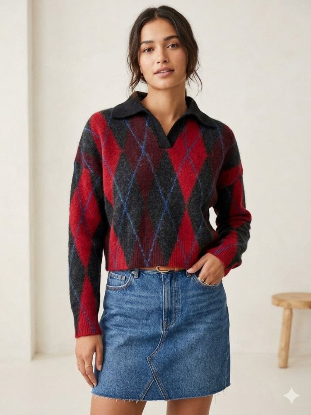 COS wool blend argyle crop sweater, size XS